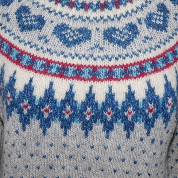 VTG Woolrich Womens M Wool Blend Fair Isle hearts  Sweater Gray Blue Maroon - Picture 5 of 9